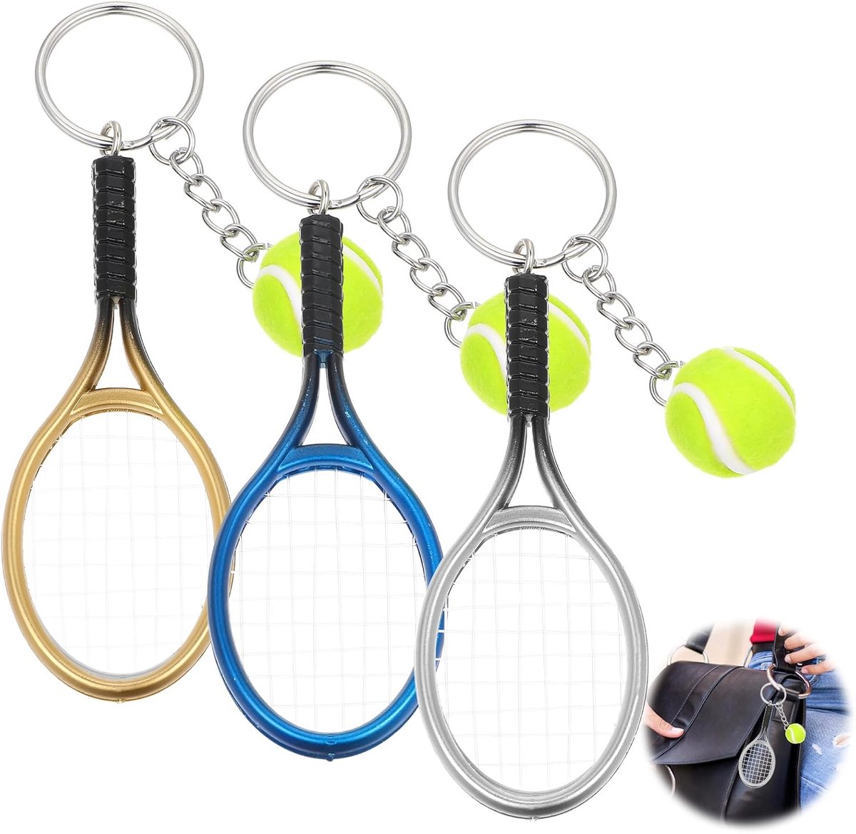 3 stuks tennisrackets, sleutelhanger, 3 kleuren, tennissleutelhanger, sport, sleutelhanger, mini-tennisbal, hanger, sportliefhebbers, cadeau voor heren, dames en meisjes