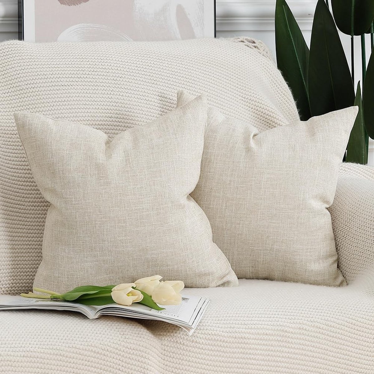 Omgoods - Set van 2 Zachte Kussenslopen van Linnen 65x65 cm in Lichtbeige