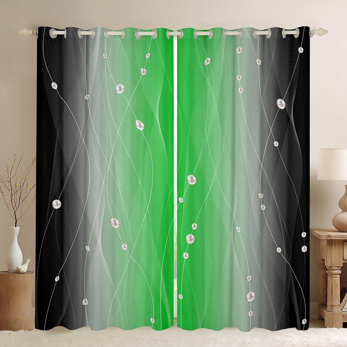 Omgoods - Groene en Zwarte Blackout Gordijnen met Geometrisch Patroon voor Woonkamer en Slaapkamer