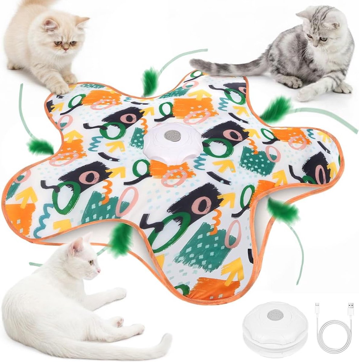 1 Interactief Kattenspeelgoed - Oplaadbaar - Inclusief 2 Kattenveren - Automatisch Schommelen - Hoes voor Huisdieren ca. 65 cm - Lichtgewicht en Draagbaar - Drie Modi - Geschikt voor Katten en Honden