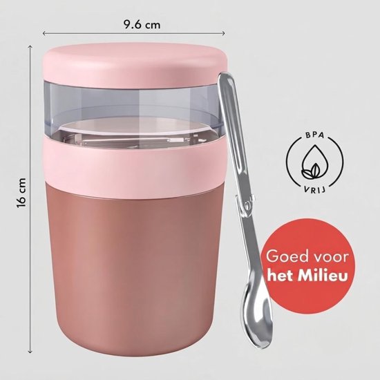 JCP® Yoghurt Beker To Go - Yoghurt Beker To Go met Lepel - Yoghurt en Muesli Beker To Go - Roze - 10cm x 10cm x 16cm — afbeelding 2