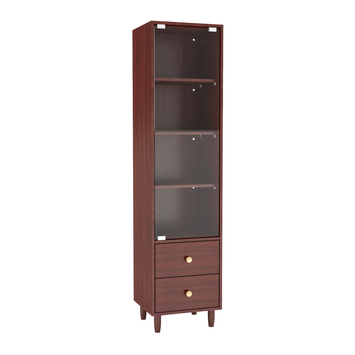 Vitrine met LED-verlichting, moderne boekenkast met glazen deuren en 2 laden, vitrine voor verzamelobjecten, moderne stijl met gouden handgrepen, Burin