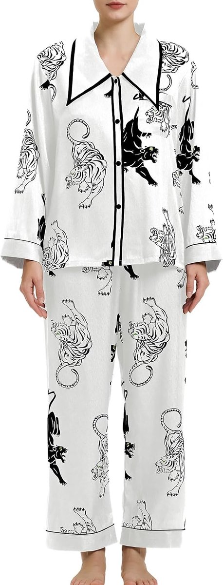 damespyjama met knoopsluiting lange mouwen nachtkleding zacht satijn tijgerprint zijden pyjama's set nachtkleding huispak PJs
