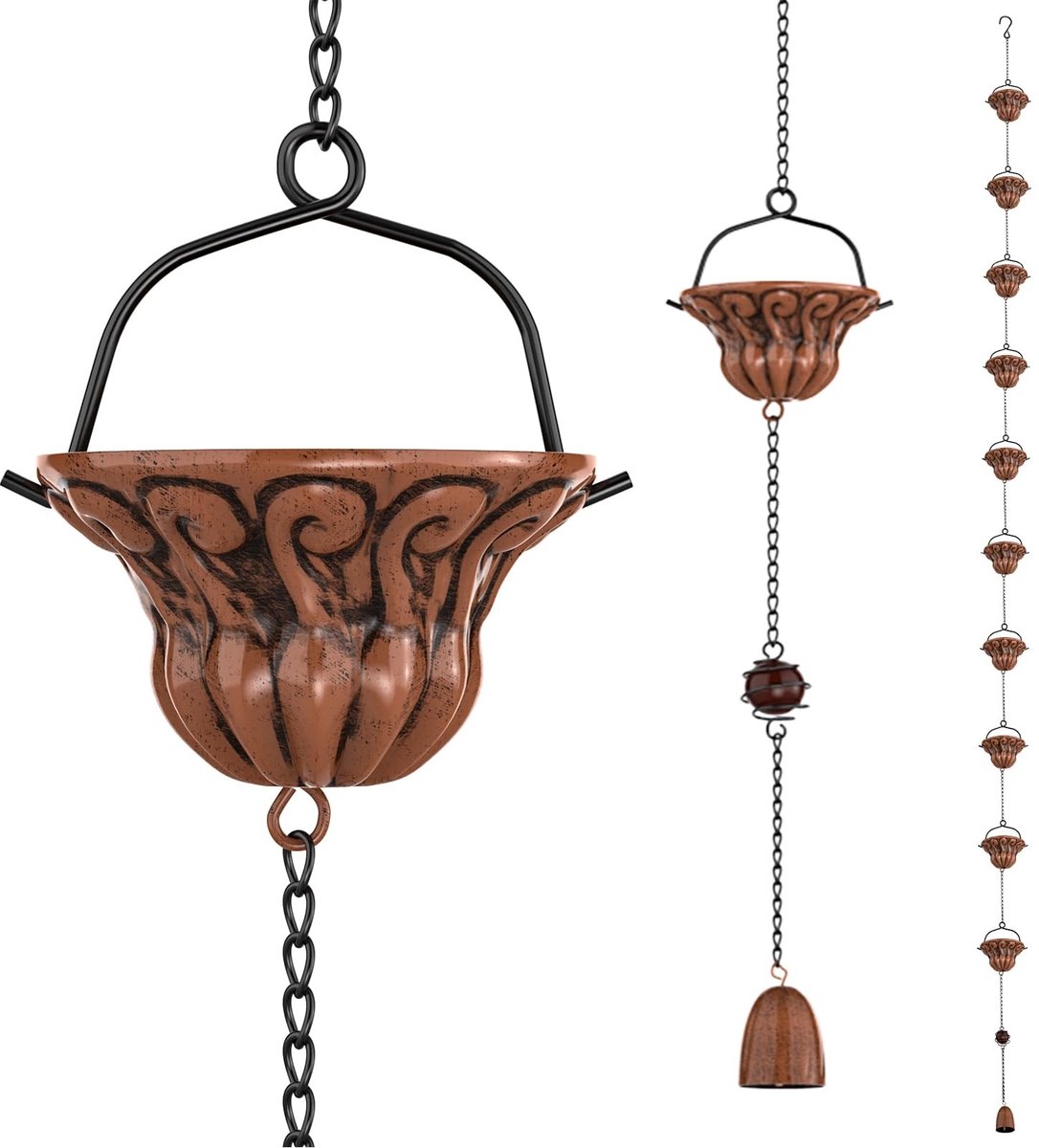 Omgoods- Regenketting 2,62m - Koper met 10 Klokken - Decoratieve Regenafvoerketting - Regenopvangketting - Voor Dakgoten - Klokvormige Bekers - Dakgootafvoer