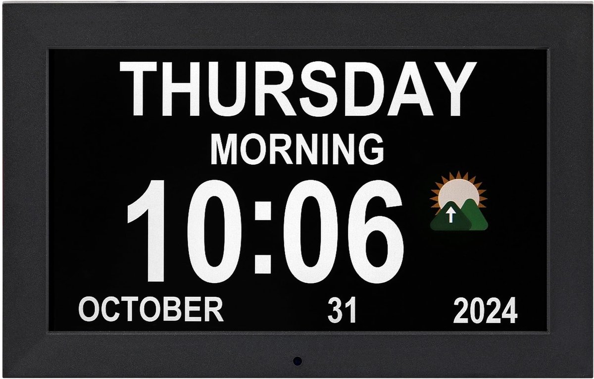 Omgoods - Grote Digitale Klok - Wandklok met Tijd, Alarm en Kalender voor Senioren, Zwart, 10.1 Inch