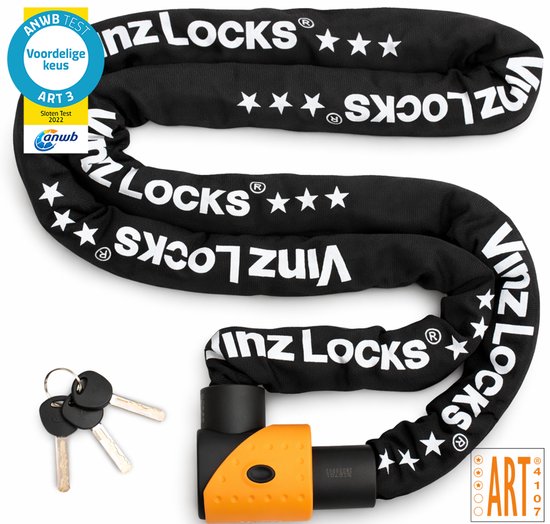 Zwart kettingslot van Vinz Locks met "Vinz Locks" opdruk. Oranje/zwart slotgedeelte met 3 sleutels. ANWB "Voordelige keus" en ART 3 keurmerk.