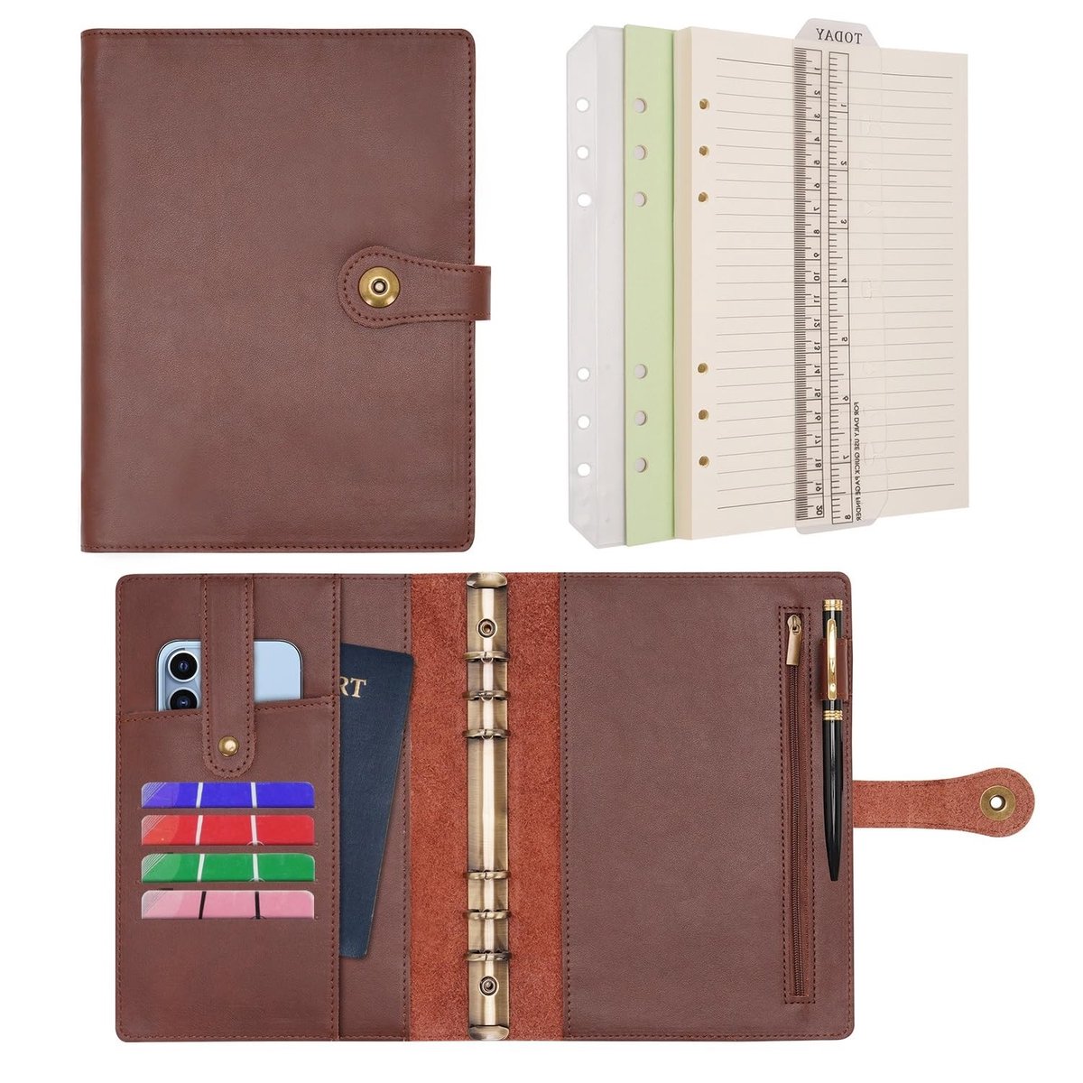 Omgoods - Refillable Leather A5 Ring Binder Travel Diary Notebook met Pen - Perfect voor Organisatie en Planning