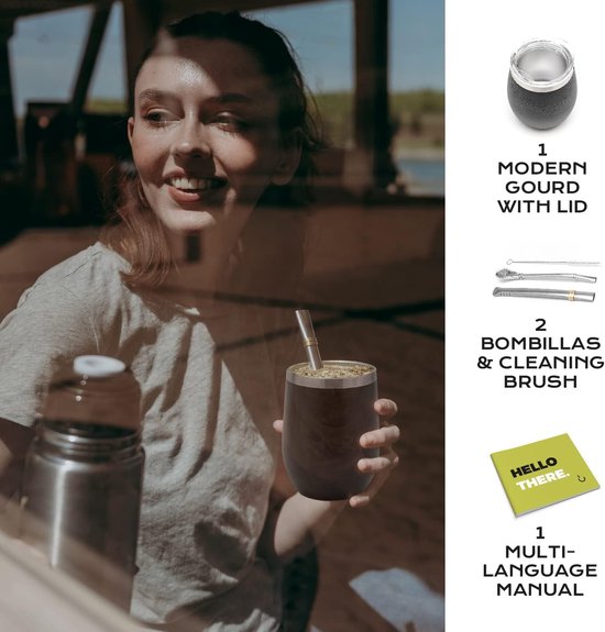 Moderne 350 ml Yerba Mate Kalebas Set - Dubbelwandig Roestvrij Staal - Inclusief Twee Bombilla's en Schoonmaakborstel — afbeelding 2