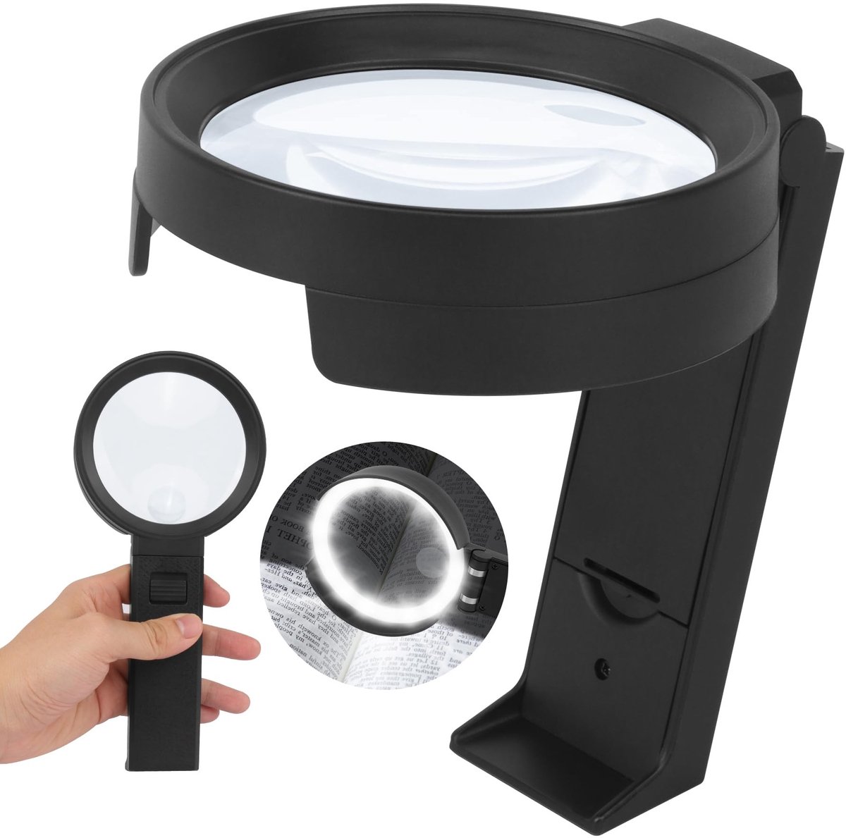 Omgoods - 30X 10X Vergrootglas met 12 Lichten en Stand - Handheld Vergrootglas voor Senioren