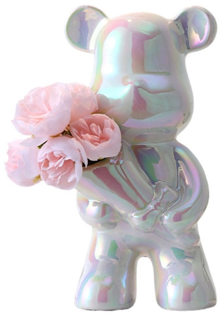Omgoods - Keramische Beer Sculptuur Ornament met Bloemen - Decoratie voor Woonkamer