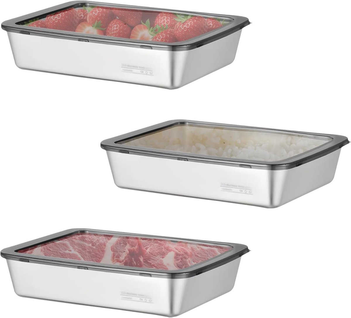 3 stuks roestvrijstalen containers met deksel, opbergdoos met deksel keuken, vriescontainer, voor de keuken, voor het bewaren van vlees, fruit, geschikt stapelbaar, kaas, metalen opbergdozen