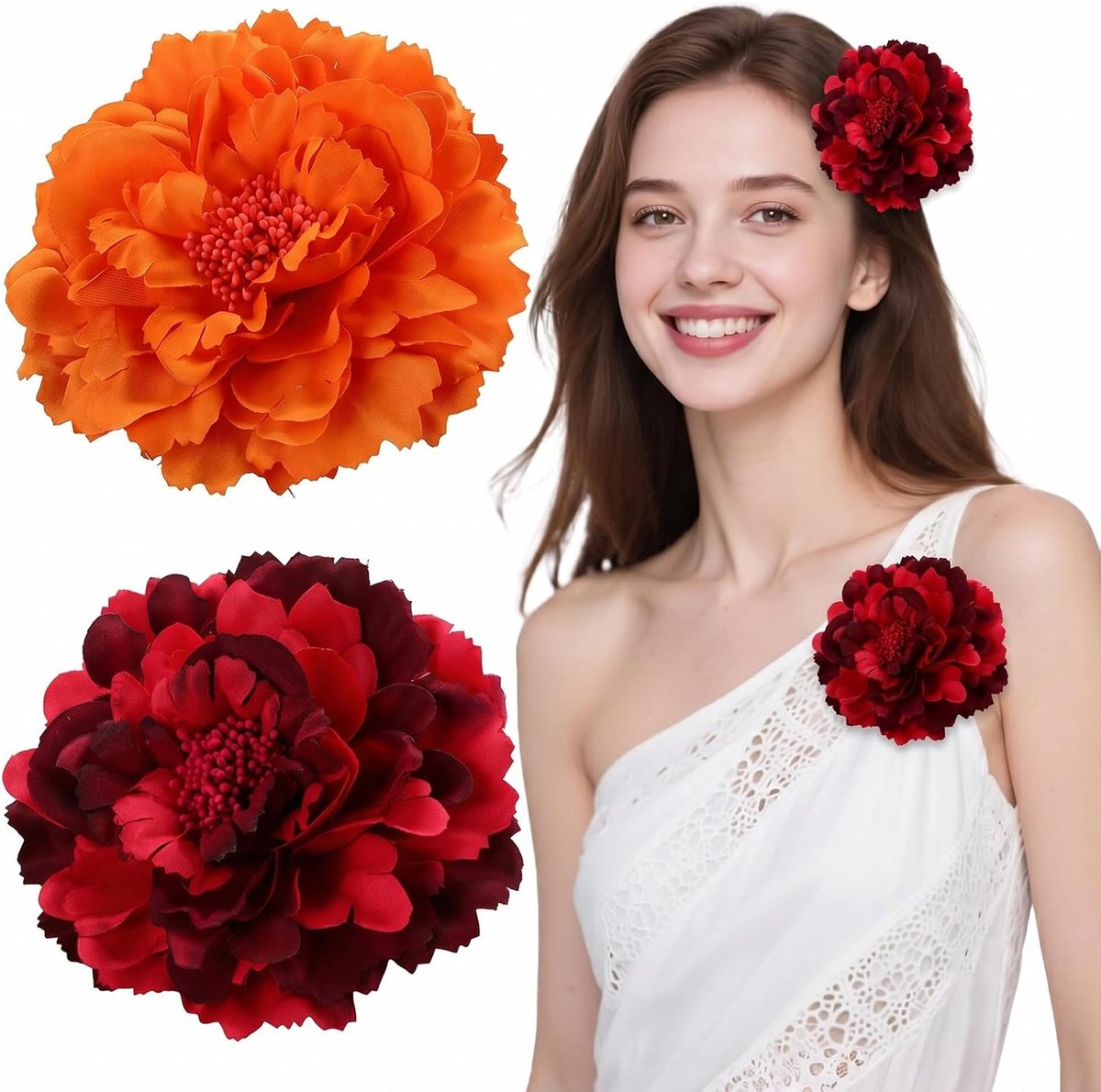 Haarspelden bloemen 11 cm, bloem haar bruiloft en broche 2-in-1, bohemian haaraccessoires voor dames, decoratie kapsel avond, ceremonie - bordeaux en oranje