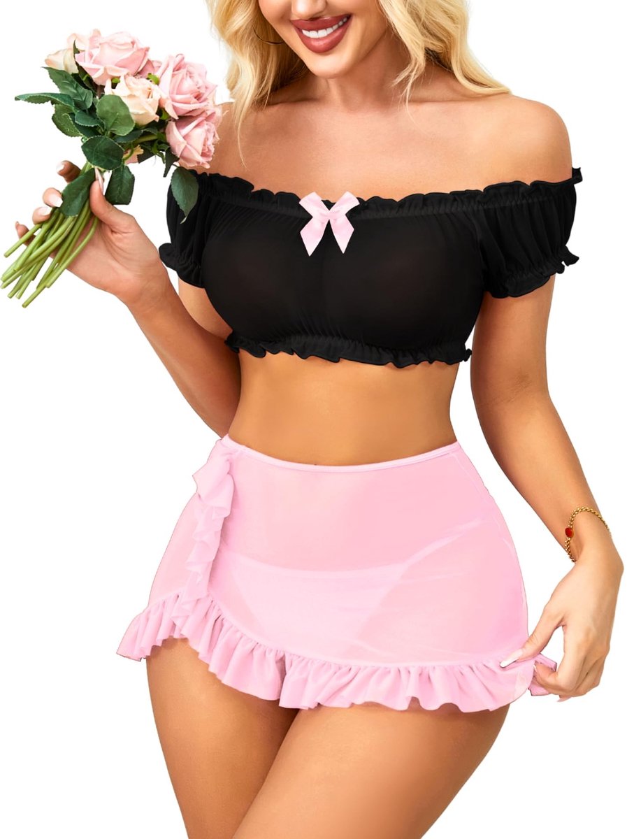 Omgoods - Sexy Dames Lingerie Set - Off-Shoulder Babydoll met Kant en Mini Rok
