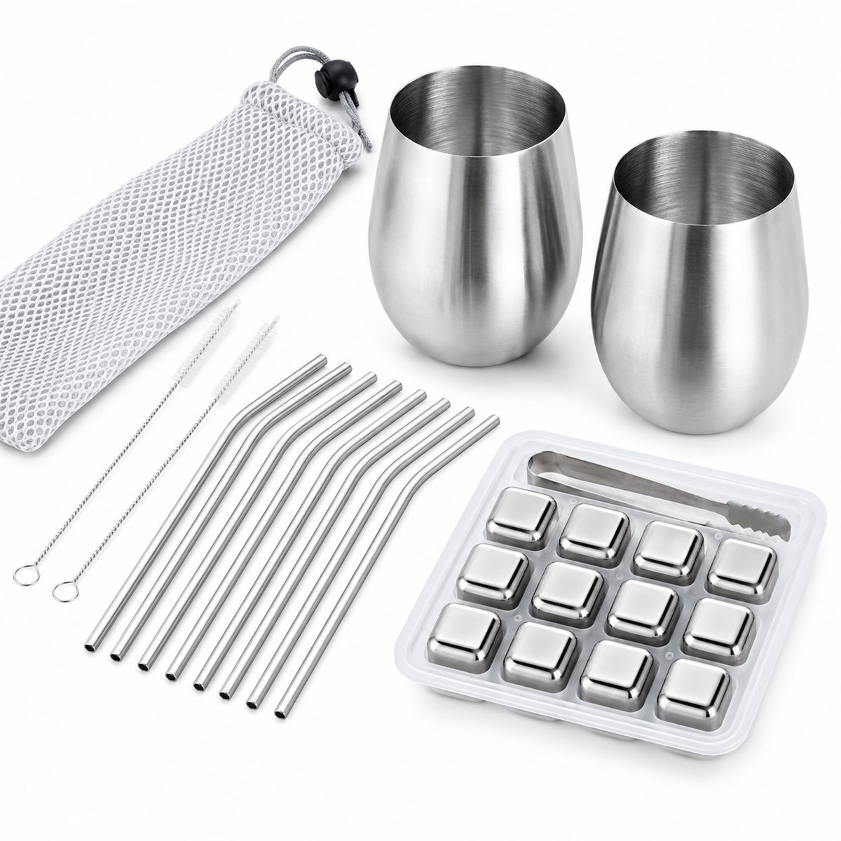My Green Deal - RVS Drinkset – 2 RVS Bekers, Metalen Rietjes en RVS ijsblokjes – Met Tang, Borstels en Etui – 304 RVS – 5-delig