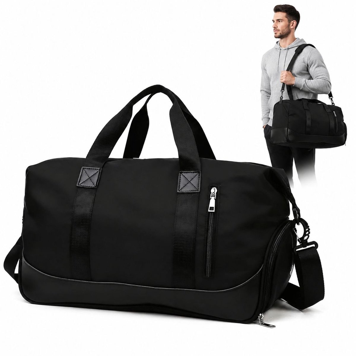 VHV - Sporttas 35 liter met schoenenvak en natvak - Waterafstotende weekendtas 47 x 22 x 25 cm - Zwart - Voor fitness en reizen