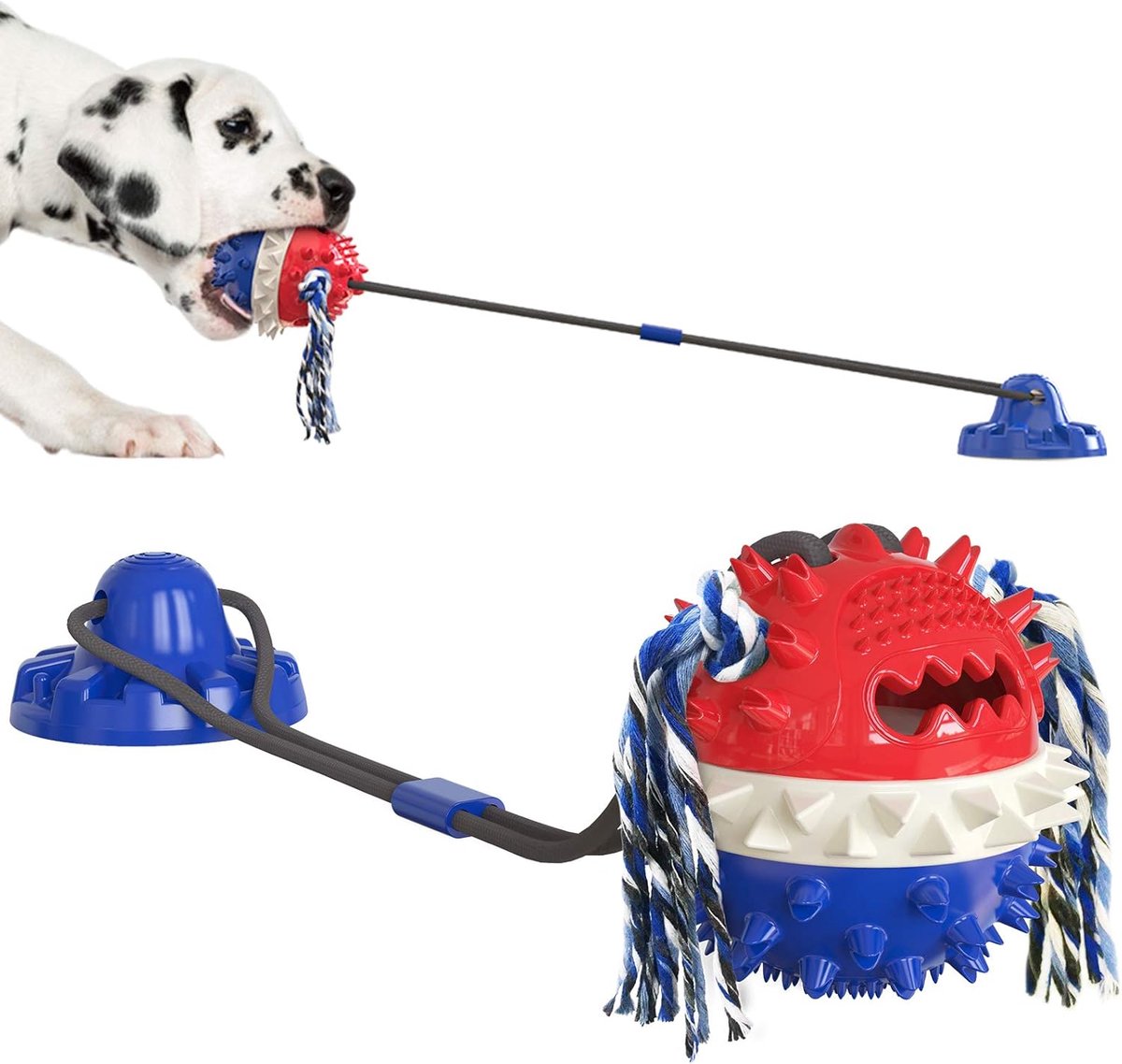 Interactief hondenspeelgoed voor agressieve kauwers, hondenpuzzel traktatie voedsel doseren bal speelgoed, zuignap hondenspeelgoed touwtrekken (blauw+rood)
