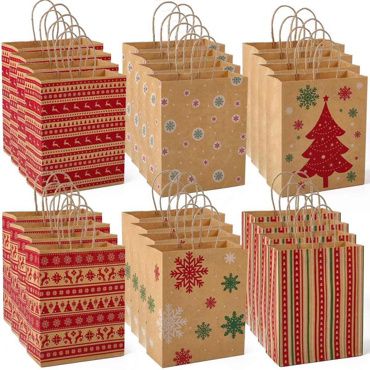 Omgoods - 24 Stuks Kerst Cadeautassen met Handvatten - Kraft Voor Feestdagen en Nieuwjaar