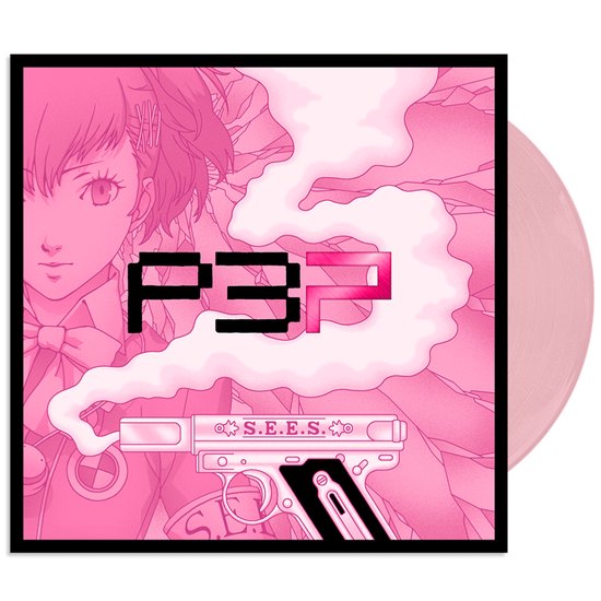 P3P-logo met pistool en anime-personage op roze achtergrond, naast een lichtroze LP.