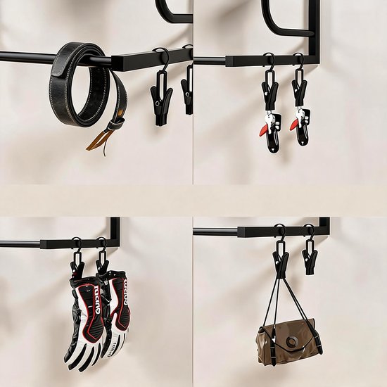 Helmhouder - Dubbele Helmhouder Wandmontage - IJzer & Retro Hout Zwevend - 36kg Draagvermogen - Incl. 4 Haken & 4 Clips - Ophangstang voor Jassen - Voor Hal, Garage & Berging — afbeelding 2