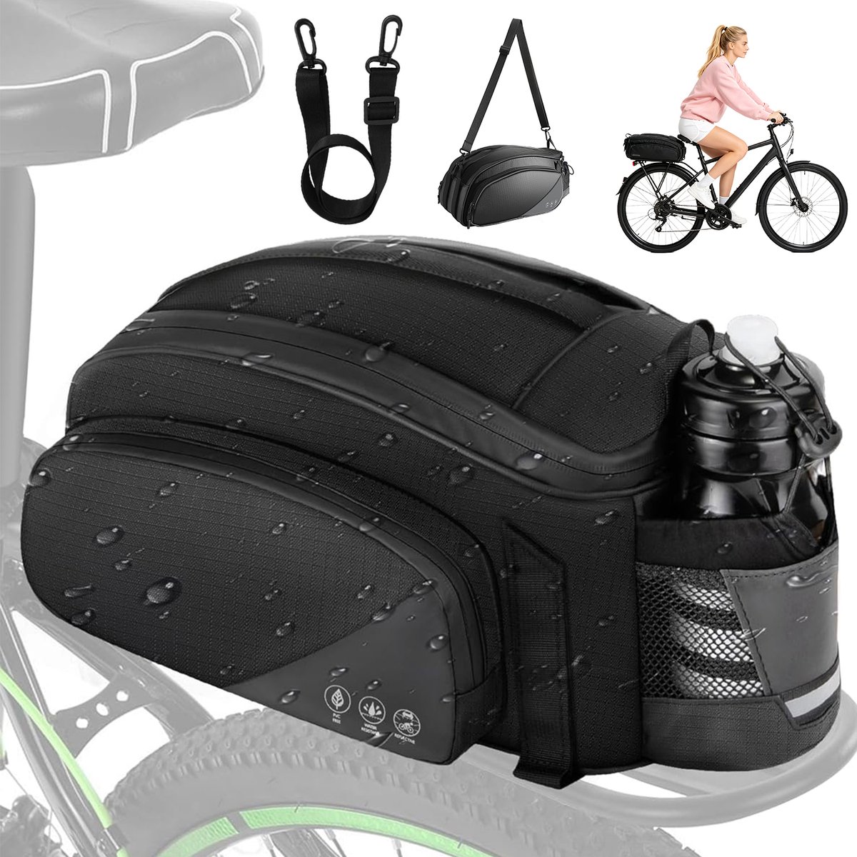 Fietstas Achterdrager - Fietstassen - 12L 900D Oxford Waterafstotend - 5 Compartimenten & Bidonhouder - Snelbevestiging Klittenband - Incl. Schouderriem 74-134cm - Voor Fiets, E-bike & Woon-werk