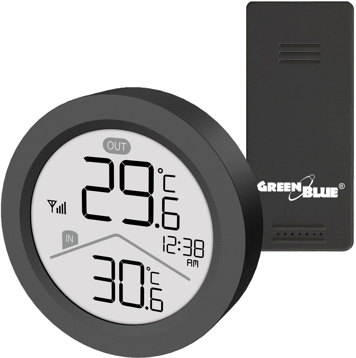 GreenBlue draadloos weerstation, binnen- en buitentemperatuur, klok, keuze uit °C / °F, bereik tot 60 m, zwart, GB162 B