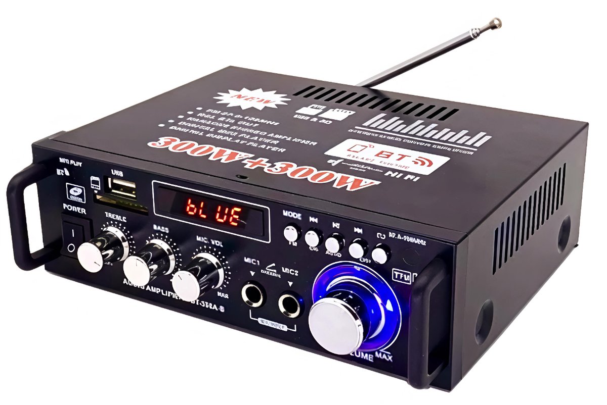 Hoogwaardige audioversterker - stereo versterker - kaartsleuf, USB-flashdrive, radio, DC 12V/220V Bluetooth-versterker - zwart