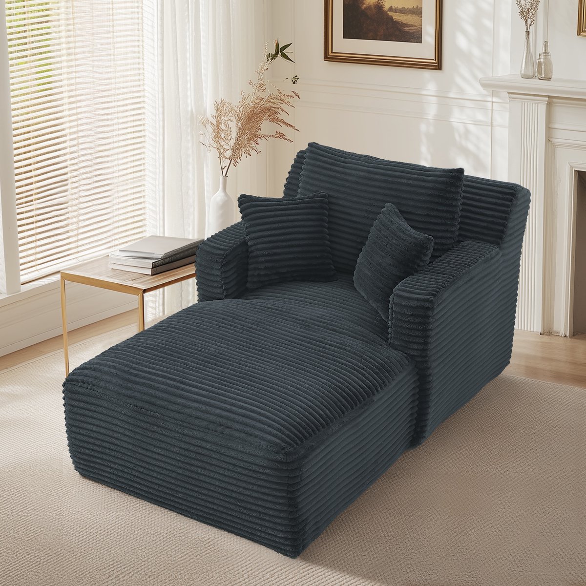 Intebiki Chaise longue - Fauteuil - Corduroy - Eenpersoonsbank - Met kussen - Geen montage nodig - Donkergrijs