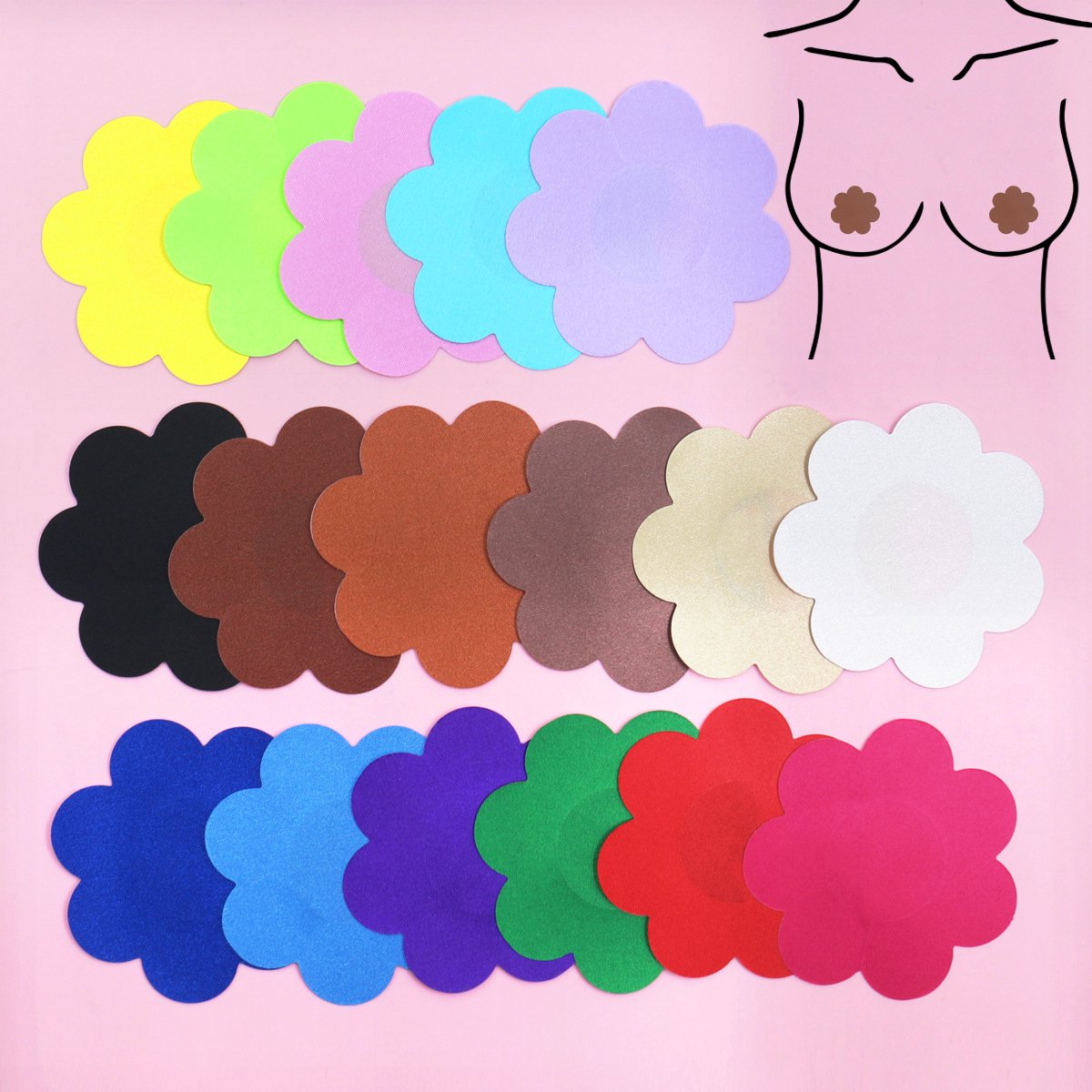 17 paar zelfklevende tepelcovers - Bloemvormig - Ca. 7,5 cm - Gemakkelijk te gebruiken - Naadloze, onzichtbare tepelcovers - Comfortabel en ademend - Geschikt voor dagelijks gebruik, feestjes, vakanties en avondjes uit - Kleurrijk
