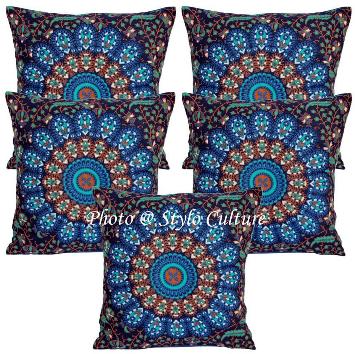Omgoods - Set van 5 Indiase Decoratieve Kussenslopen 40 x 40 cm - Blauwe Geprinte Pauwenogen Mandala