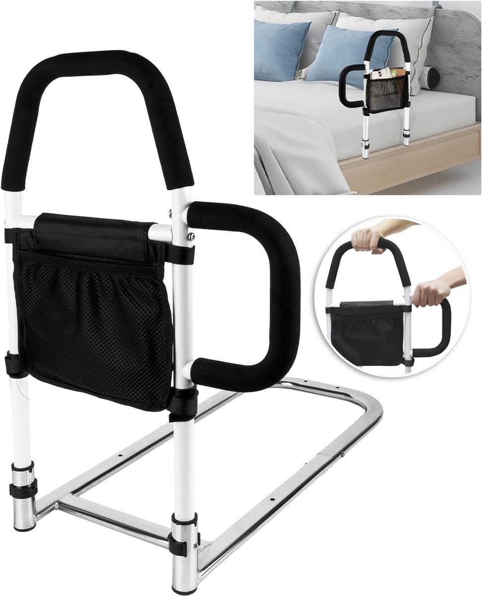Bedsteun Met Opbergvak En Comfortabele Handgreep - 64,5 cm Hoog Stevige Basis Snelle Installatie - Ideaal Voor Senioren En Als Mobiliteitshulpmiddel - Zwart