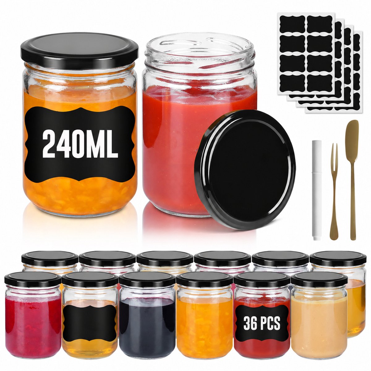 Mini Weckpotten Set 36 stuks 240 ml - Rond Transparant Glas met Metalen Deksel - Luchtdichte Mason Jar voor Honing, Kruiden en Marmelade - Zwart - NAIZY