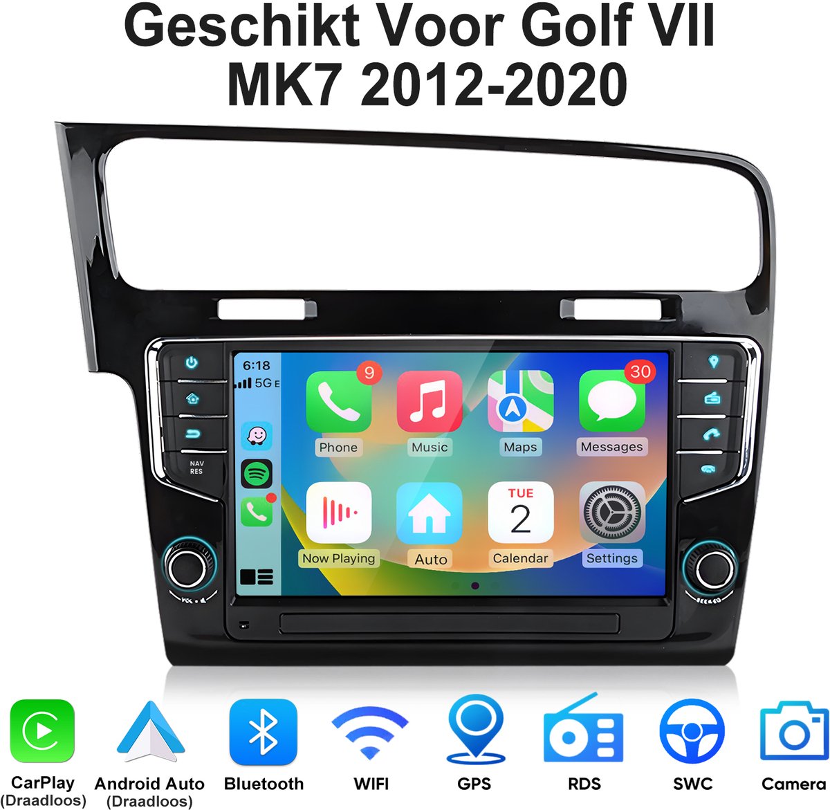 Junsun Draadloze Andriod Auto CarPlay Autoradio Geschikt Voor VW Golf 7 VII MK7 2012-2020 - Achteruitrijcamera - Bluetooth - GPS Multimedia Navigatiesystem - 9 inch Touchscreen - WiFi - Stuurwielbediening - RDS - USB