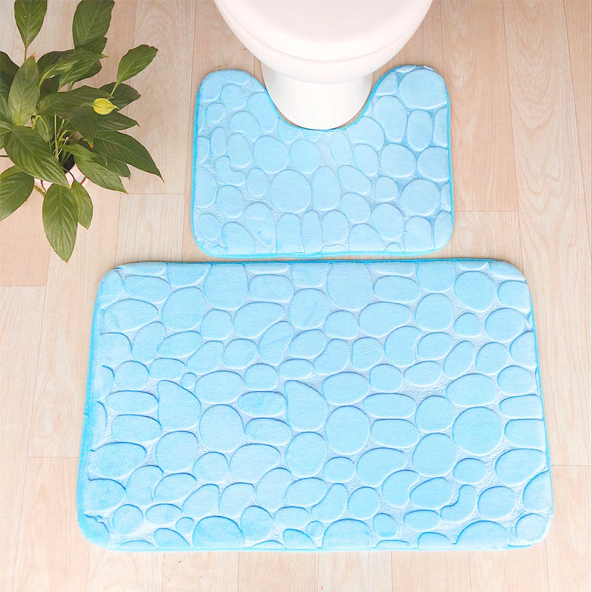 Set van 2 antislip badmatten, zachte badmatten voor op het toilet, absorberende toiletmatten, U-vormige toiletmat, machinewasbaar, lichtblauw