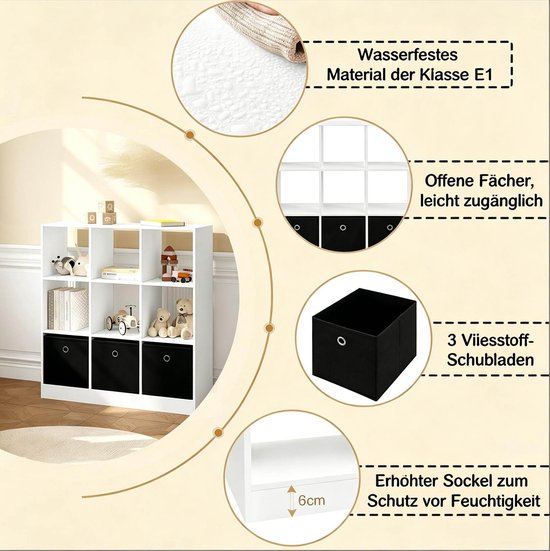 COVREO Boekenkast 80 x 86,5 x 30 cm wit, met 3 stoffen lades — afbeelding 3