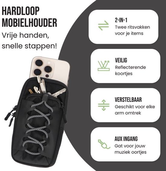 Zwarte sportarmband met ritssluiting met telefoon en sleutels, met icoontjes voor 2-in-1, veilig, verstelbaar en audio-ingang.