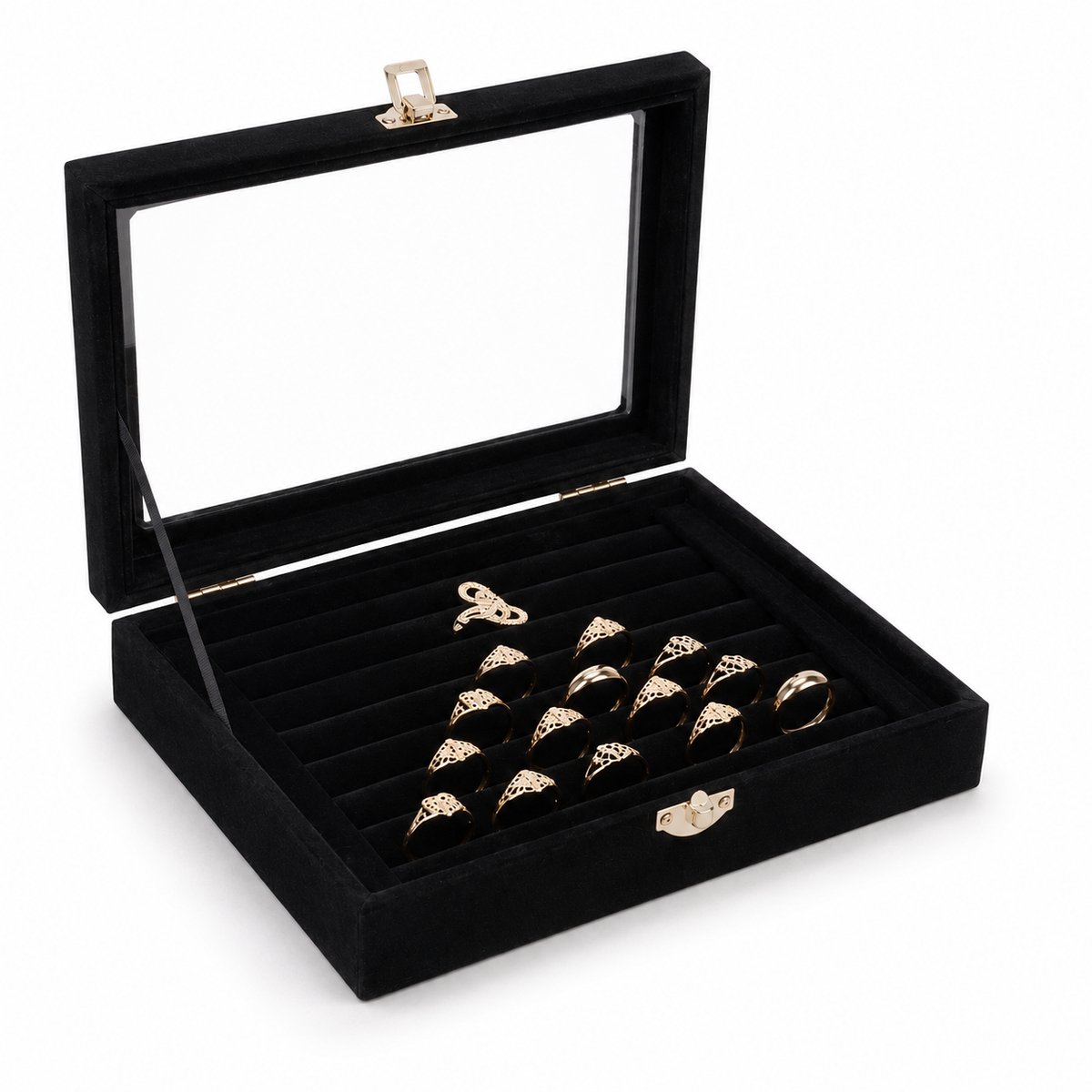 Fliex - Sieradendoos - Ringendoos Zwart Velours met Glazen Deksel – Sieradendoos voor Ringen – Ring Display Organizer – 20,5 x 15,5 x 5 cm