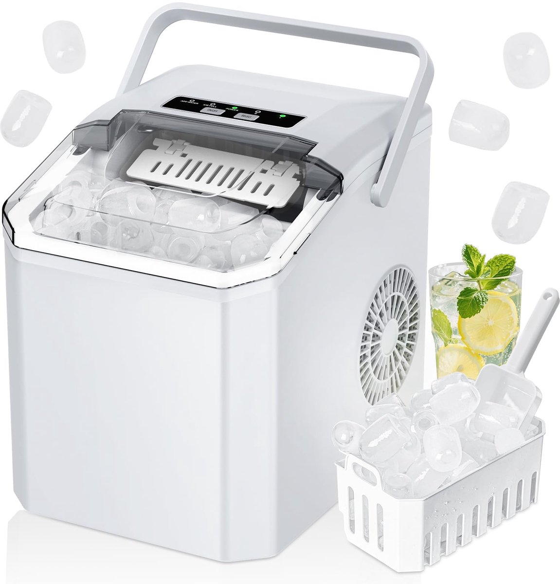 IJsblokjesmachine - Draagbare Ice Maker met 9 IJsblokjes in 6 Minuten - 14 kg Productie per Dag - 2 IJsformaten - Zelfreinigende Functie met Handvat, IJsschep en Mand - Voor Keuken, Kantoor en Bar