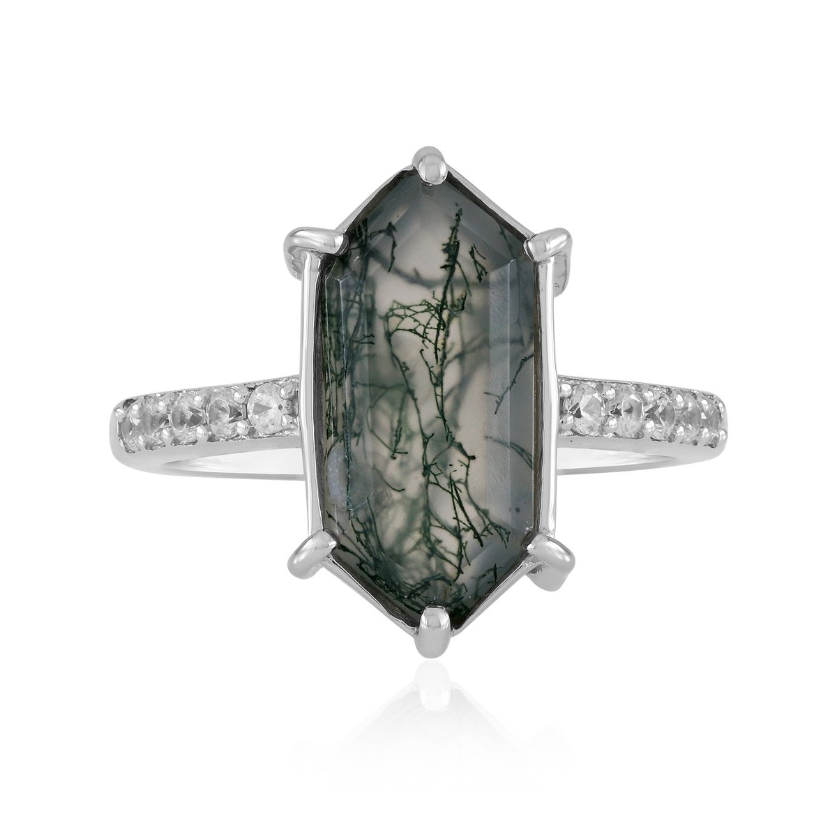 Cavill - Zilveren Ring met 3,965 ct Zeshoekige Mosagaat & 0,299 ct Zirkonia - 925 Sterling Zilver Rhodium - Elegante Ring Moosagaat
