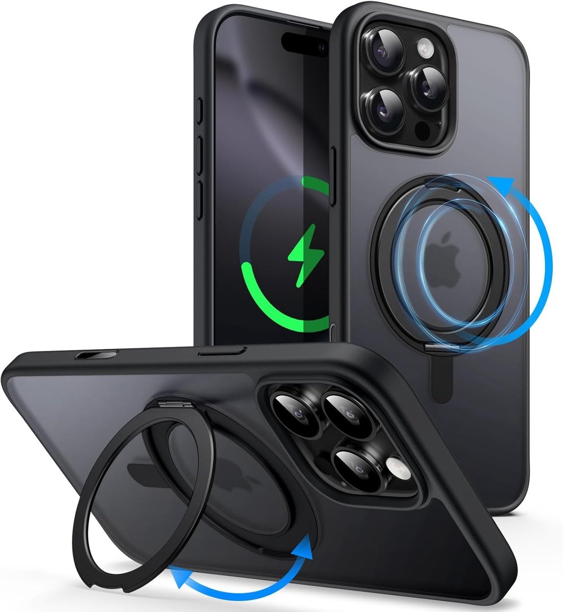 Ring Stand Hoes voor iPhone 16 Pro Max, Zwart Titanium | MagSafe Compatibel, Camera Controleknop, 360° Draaiende Ringstand, Slank en Schokbestendig