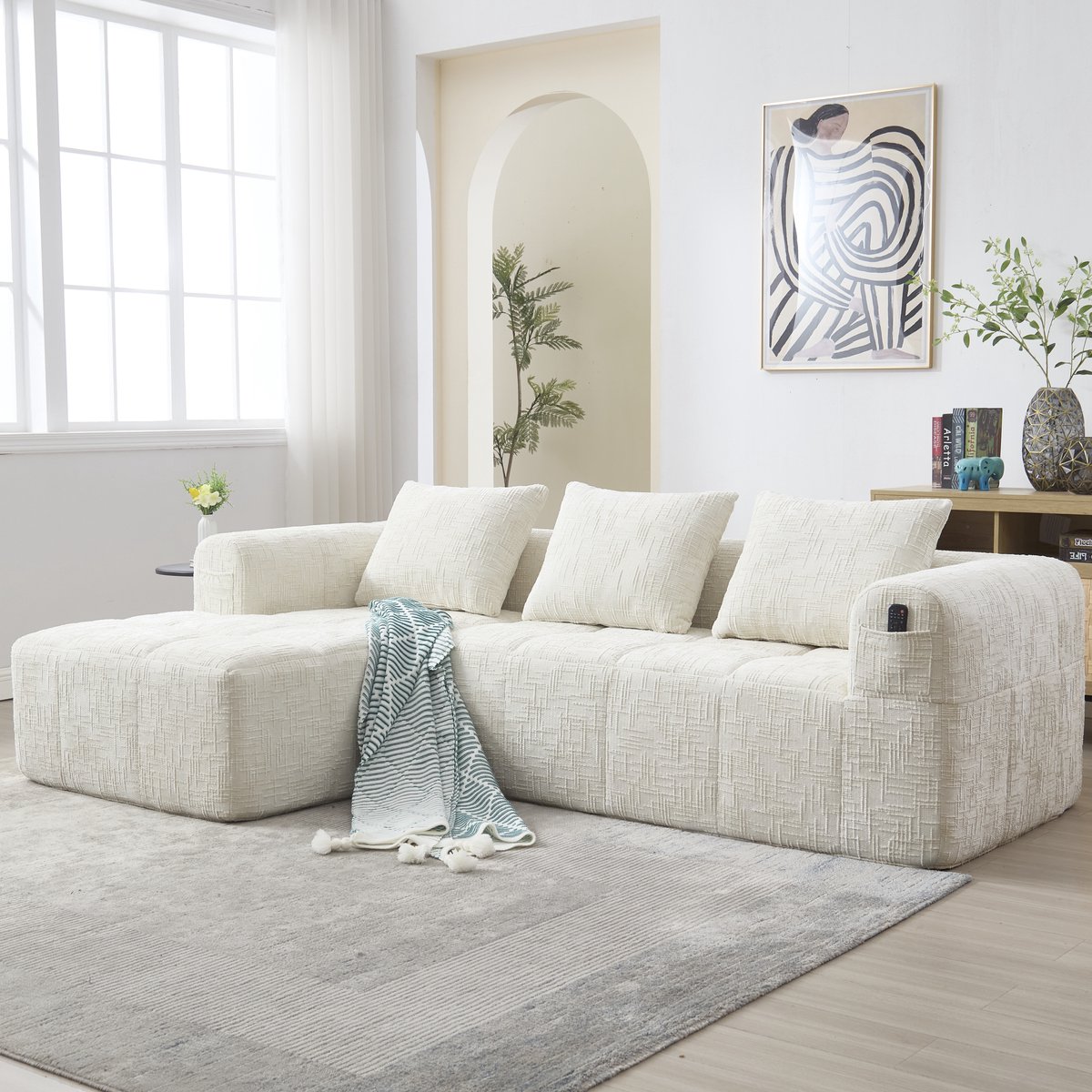 Moderne Hoekbank - Beige Chenille Bank Met Chaise Longue 3 Zitplaatsen