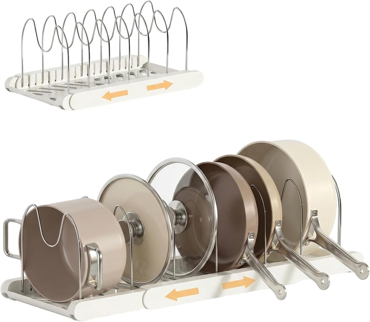 Lid houder en keukenkast organizer met 7 roestvrijstalen dividers, onderkast pannenrek voor optimale keukenopslag, 34.3-56.5cm, stevig en ruimtebesparend