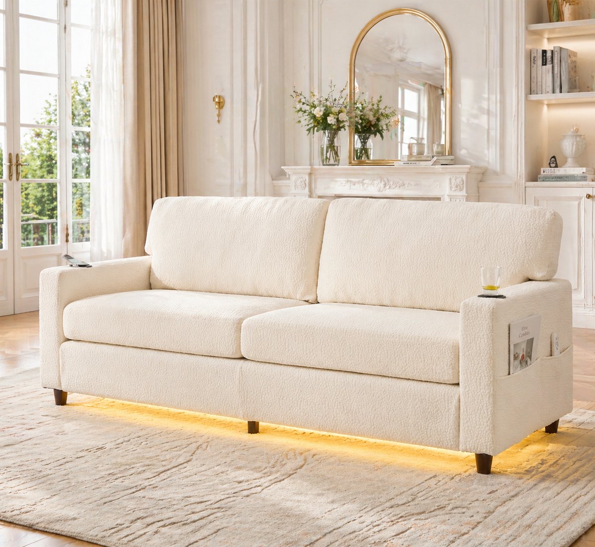 2-Zitsbank Chenille Beige - Moderne Bank Met LED Verlichting USB-C En Bekerhouders