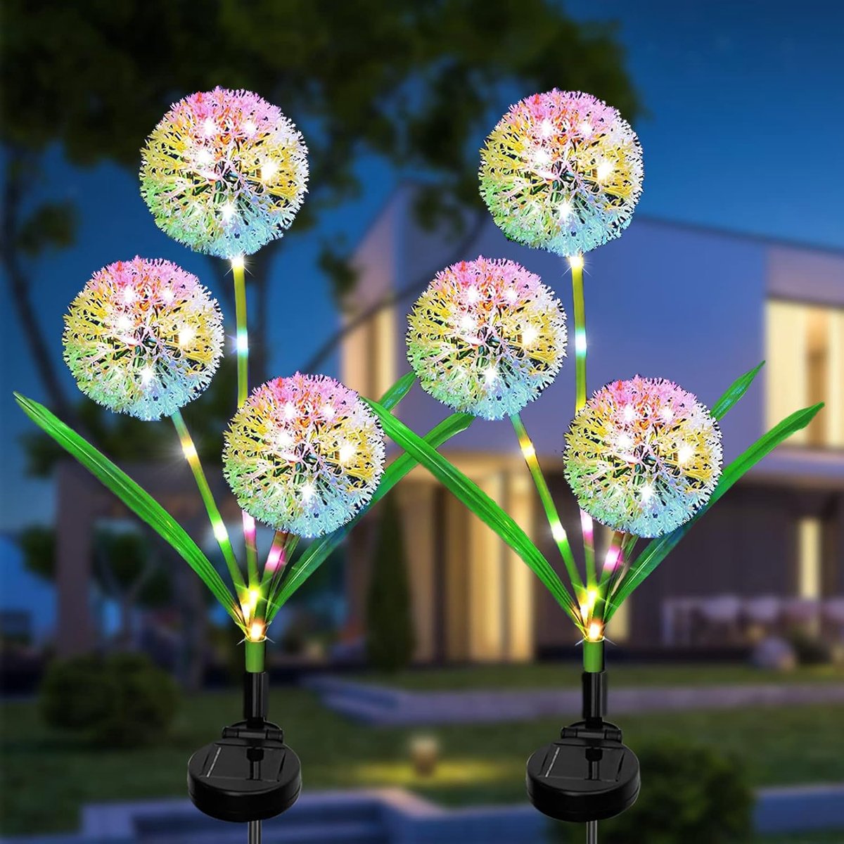 SnelShoppen - 2 Stuks Buiten Solar Tuin LED Dandelion Lichten met Kleurverandering, 2 Modus IP65 Waterdichte Solar Lichten voor Tuin, Balkon, Patio, P