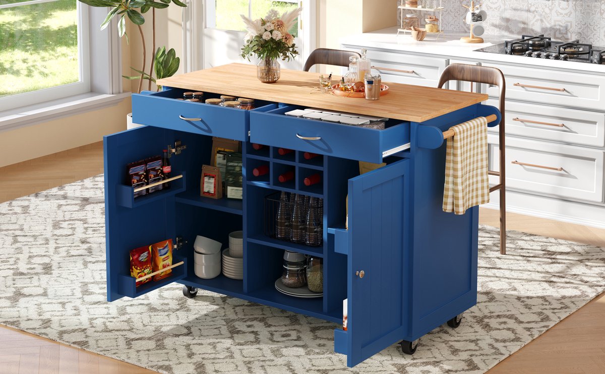 Keukeneiland Met Opbergruimte - Verrijdbare Keuken Trolley Met Wijnrek En Verstelbare Planken Blauw