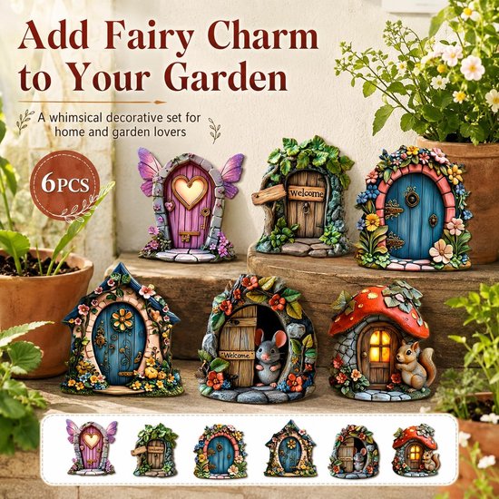 Set van 6 miniatuurtuindeuren van hout, elfendeuren voor binnen en buiten, weerbestendig en gedetailleerd, perfect voor feeëntuin, kinderfeest of als cadeau voor natuurliefhebbers — afbeelding 5