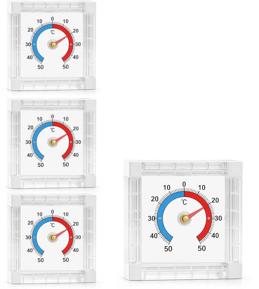 Thermometer voor buiten voor ramen en balkon, analoge raamthermometer voor buiten met kleurenschaal, weerbestendige buitenthermometer van kunststof voor binnen en buiten, transparant, zonder