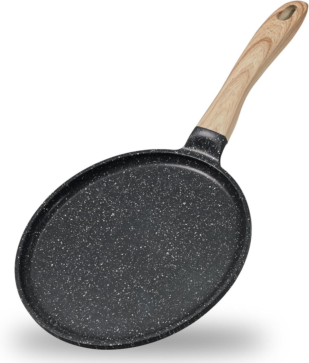 Crêpespan 28 cm, antiaanbaklaag, granieteffect, inductiepan voor alle warmtebronnen, comfortabele en ergonomische handgreep, pannenkoekenpan voor pannenkoeken, galettes en tortillas, zonder