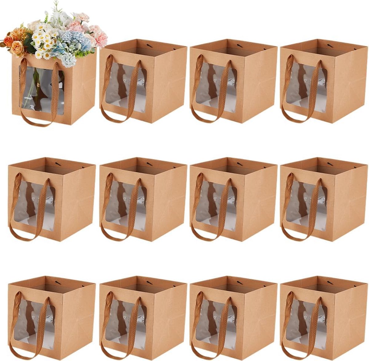 SnelShoppen - 12 Stuks Kraftpapier Geschenkzakjes met Venster 20x20x20 cm Bruin met Handgrepen voor Verjaardagen, Bruiloften, Geschenken en Bloemen