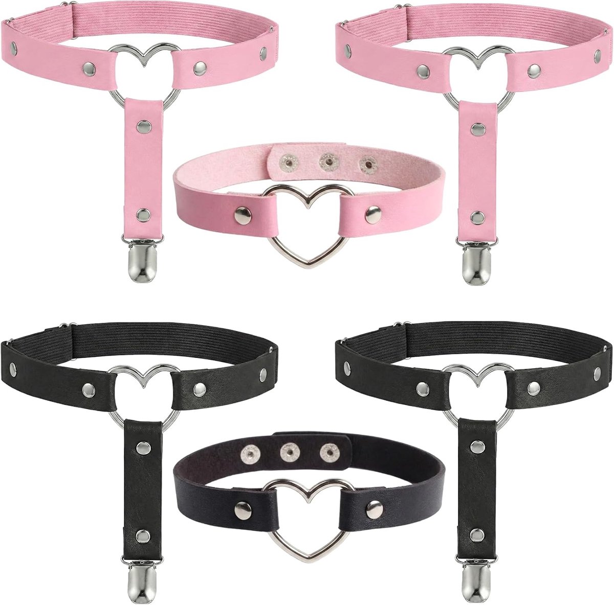 Set van 6 leren kousenbanden voor dames, choker, zwart, roze, verstelbaar, punk, gothic, antislip, voor carnaval, cosplay, party, dagelijkse mode