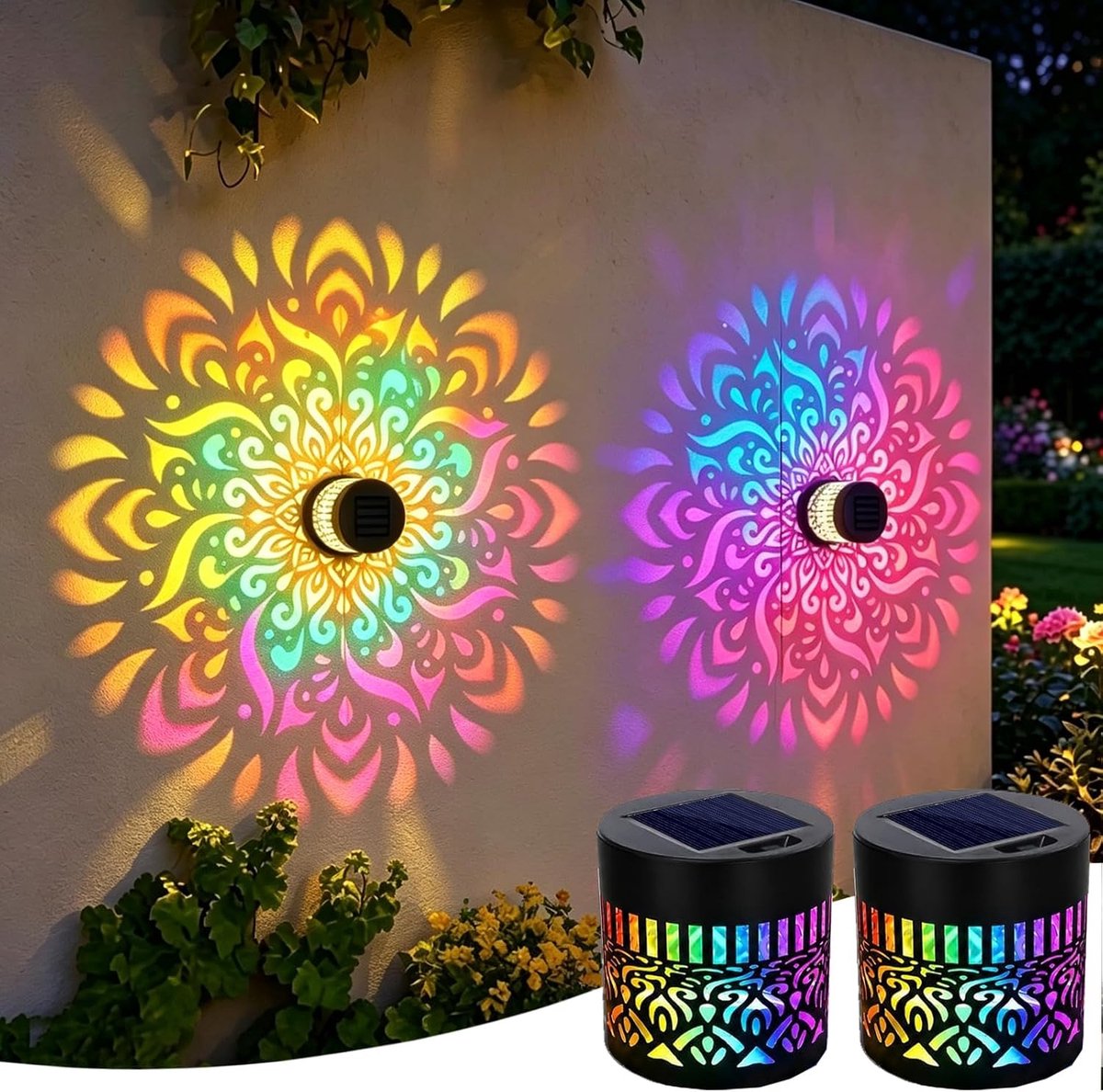 Solarlampen voor buiten, mandala, 7 kleurverloop, led-projectielamp, weerbestendig, waterdicht, wandlampen, metalen hekverlichting, tuindecoratie, hekverlichting voor terrasdecoratie, tuinlantaarn